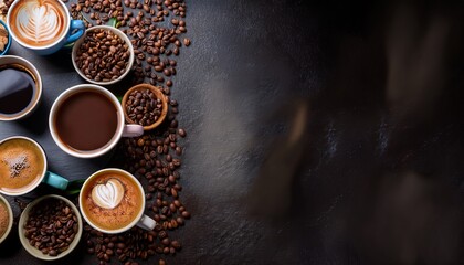 a variety of coffee drinks in cups and roasted beans on a stone surface showcases rich textures and color contrasts representing a variety of coffee typesmfrom espresso to cappuccino black coffee