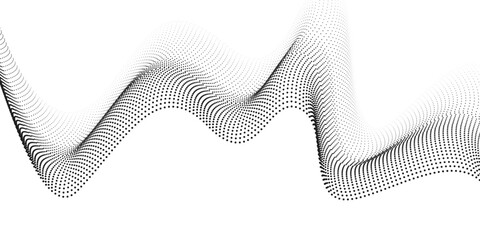 Flowing dots particles wave pattern 3D curve halftone black gradient curve shape isolated on white background. Vector in concept of technology, science, music, modern vector wave