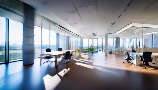 blurred modern office space met room and open workstations that convey professionalism and tranquility
