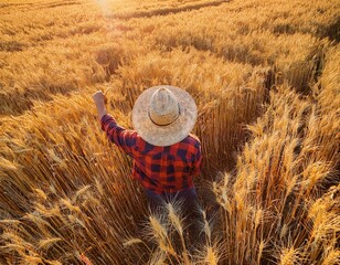 farmer in a golden wheat field harvesting aerial view of a farmer in a straw hat in a golden wheat field during harvest season agriculture rural life food production farming natural beauty