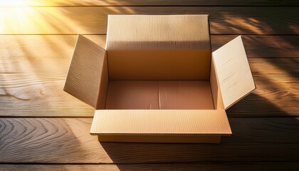 empty open eco friendly packaging box on a wooden floor at morning light