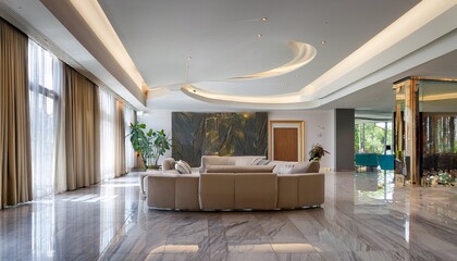 modern lobby with a luxurious sectional sofa and polished marble floor