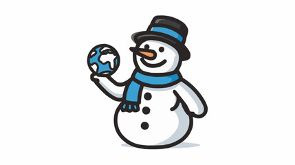 Snowman in black hat and blue scarf holding globe for winter eco-projects and holiday design