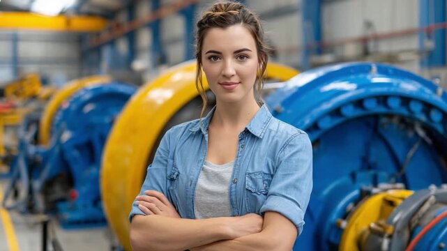 Confident Engineer in Industrial Setting: A skilled and confident engineer stands with crossed arms in an industrial setting, exuding competence and professionalism.