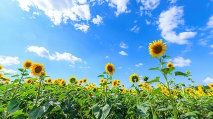 Sunny Spring & Summer Meadows: Yellow Sunflowers, Blue Skies, and Bees in Rural Flower Fields & Gardens