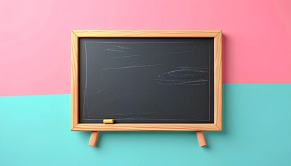 A minimalist blank school chalkboard with a wooden frame and easel, set on a colorful two-tone pink and turquoise background for creative educational concepts