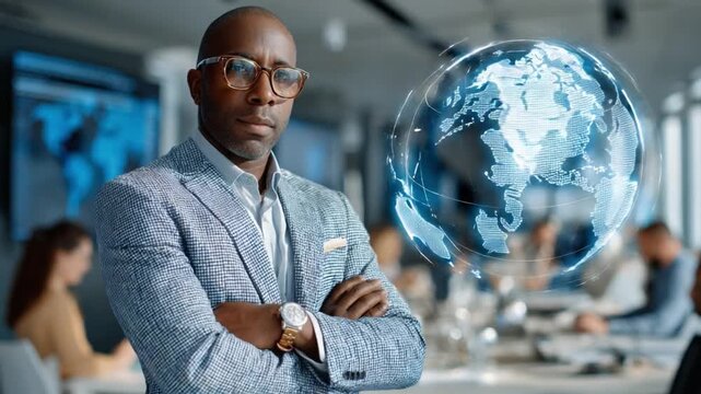 Global Visionary: A confident business leader, arms crossed, stands prominently before a holographic globe, embodying forward-thinking leadership and global reach.