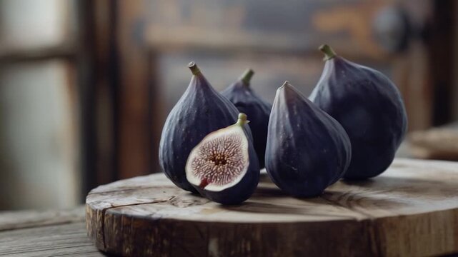 A group of fresh figs sit atop a rustic wooden cutting board, perfect for baking, cooking or photography