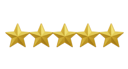 Five golden star rating isolated on transparent background, a symbol of excellence and customer satisfaction
