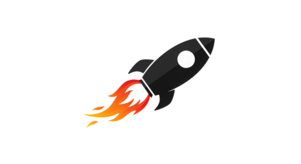 Illustration of a black rocket ship launching with flames isolated on transparent background, symbolizing innovation and progress