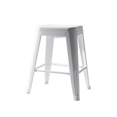 White metal stool with footrest bars against black backdrop