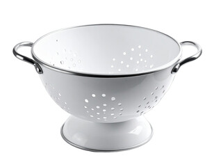 White colander with chrome trim and handles