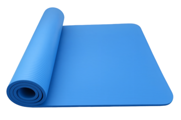 Blue yoga mat rolled out ready for exercise, fitness, and wellness practice