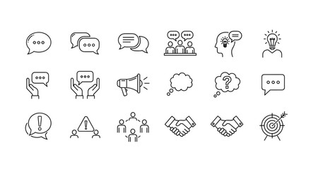 Communication line icon set. Teamwork, collaboration and business concept. Includes chat, dialogue, message, idea, brainstorming, meeting, negotiation, agreement, handshake, goal.
