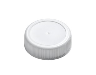 White plastic bottle cap with ribbed edge, angled view