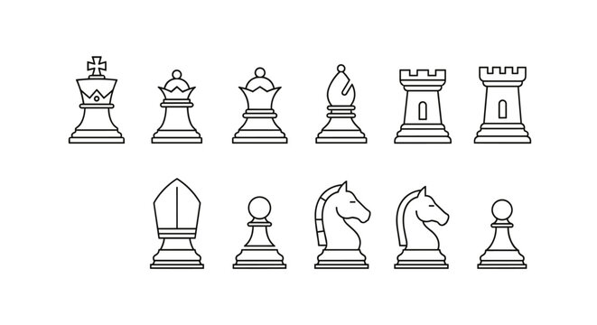 Chess pieces vector icons set in outline style. King, queen, bishop, knight, rook, pawn. Strategy game elements. Board game symbols. Intellectual game icons. Competition.