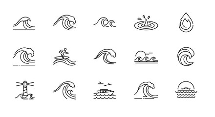 Wave and ocean line icon set. Sea, water, surf, and nautical symbols. Vector collection with lighthouse, boat, sunset, and splash. Minimalist outline graphics for travel or beach themes.