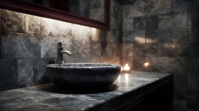 Luxurious modern bathroom vanity with a dark stone vessel sink marble countertop and soft ambient backlighting creating a serene atmosphere