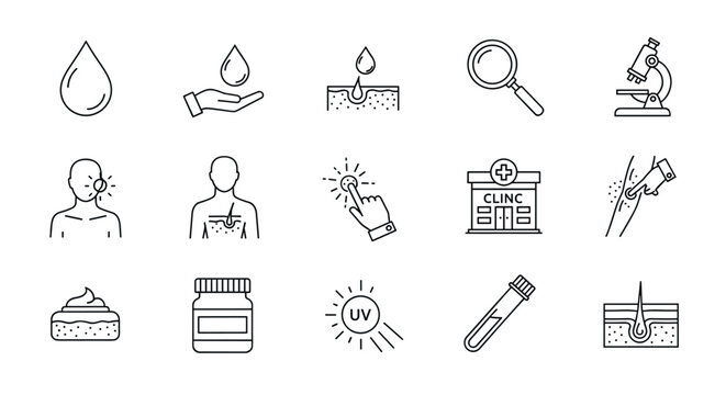 Dermatology and skincare line icon set. Medical concepts for skin health, disease treatment, and analysis. Vector pictograms for clinic, hydration, UV protection, and biopsy.