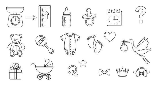 Big set of newborn baby line icons. Includes stork, bottle, pacifier, calendar, teddy bear, romper, footprints, stroller, gender symbols, gift. Vector for baby care, maternity, birth announcement.