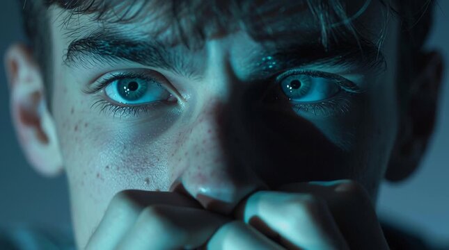 Cinematic close-up of a young man fidgeting with his hands in a moment of tension and nervousness