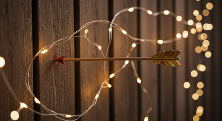 Wooden arrow embedded in wall with fairy lights glowing around  