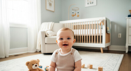 Adorable baby sits in nursery with crib and teddy bear