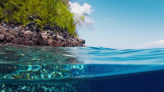 Splitted above and underwater view of the tropical sea near the Alor island in Indonesia