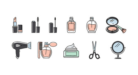 Beauty and cosmetics icon set. Makeup and hairdressing tools collection. Vector line art illustration. Lipstick, mascara, perfume, powder, hairdryer, comb, scissors, mirror.