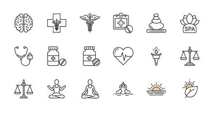 Set of Medical and Wellness Vector Icons Including Brain, Medical Symbols, Pills, Heartbeat, Yoga, Spa, Scales of Justice, and Sunrise with Leaf for Health, Meditation, and Wellness Concepts