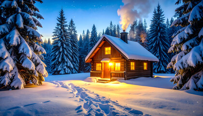 Fototapeta premium A wooden cottage in a snowy winter forest landscape