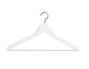 White wood hanger with chrome hook against black background