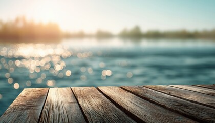 Fototapeta premium Idyllic Wood Dock By Lakeside: Blurred Sunlit Water, Empty Planks For Product Presentation In Beautiful Summertime Landscape