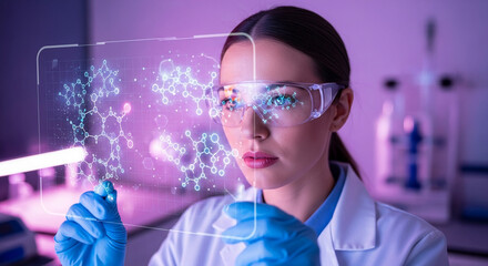Close-up of a scientist in lab coat and safety glasses examining a molecular structure on a futuristic interface, representing scientific research