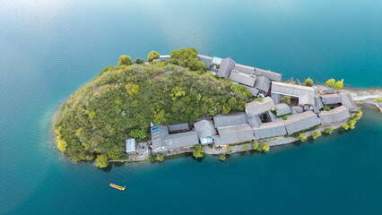 Aerial photography of the islands in Lugu Lake, Sichuan, China