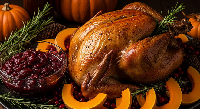 Close-up of roasted turkey with cranberry sauce and pumpkin slices, representing abundance and celebration, perfect for holiday and festive theme - Powered by Adobe