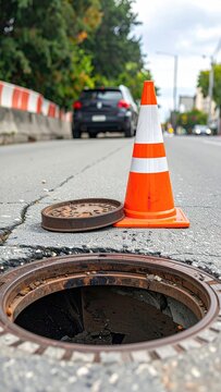 Urban street maintenance with open manhole and safety cone.