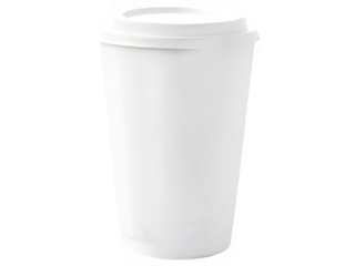 A minimalist, all-white reusable or disposable coffee cup with a matching lid stands upright against a bright