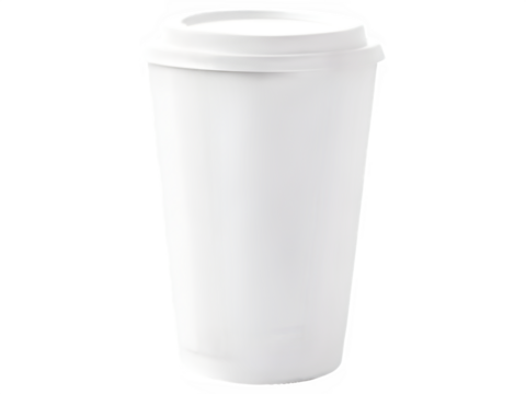 A minimalist, all-white reusable or disposable coffee cup with a matching lid stands upright against a bright