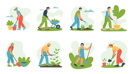 Set of people gardening and performing various outdoor chores and activities