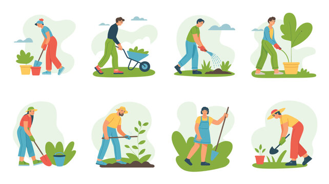 Set of people gardening and performing various outdoor chores and activities