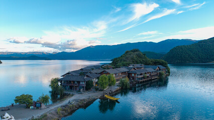 Aerial photography of the islands in Lugu Lake, Sichuan, China