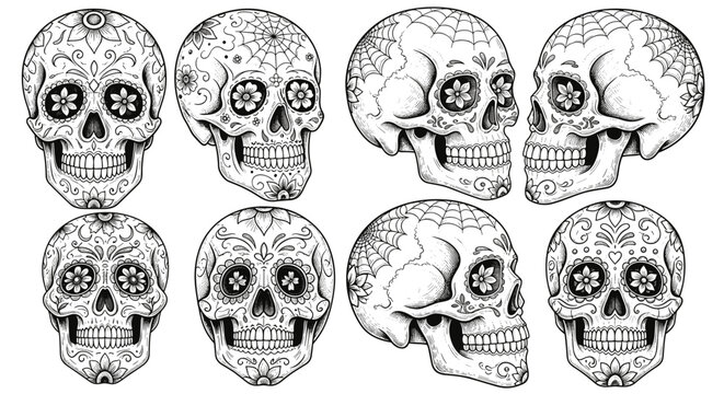 Sugar skull collection from different angles and sides for Dia de los Muertos and Halloween design engraving sketch hand drawn style black and white vintage illustration vector SVG for print.