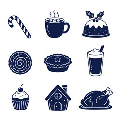 Festive Christmas Food and Treats Hand-Drawn Silhouette Set