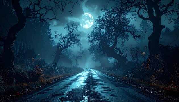 A gloomy road reflects moonlight under dark clouds surrounded by gnarled, shadowy trees in the eerie night