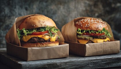 Delicious Burgers Served In Eco-Friendly Paper Boxes At A Cozy Rustic Setting Giving A Classic And Wholesome Dining Experience.