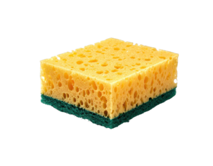 Yellow porous sponge with green abrasive pad, isolated