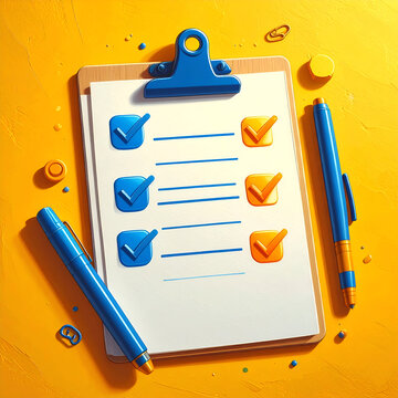Illustrated Clipboard with Checklist and Abstract Yellow Background