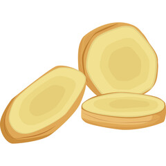 Three Sliced Ginger Root Pieces With Yellowish-Brown Hue and Translucent Centers Isolated on White Background