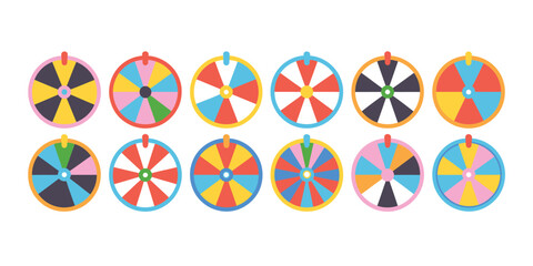 Collection of colorful oval wheels with segments for games and prizes